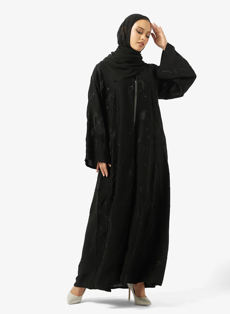 hayas closet Floral Embellished Open Front V Neck Abaya